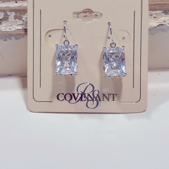 Large Sterling Silver 925 CZ Rectangle Dangle Earrings NWT - Picture 1 of 4